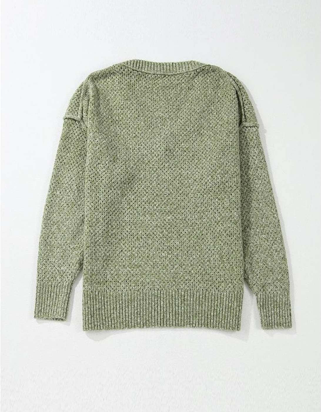 Jungle Green Loose Eyelet V Neck Drop Shoulder Sweater