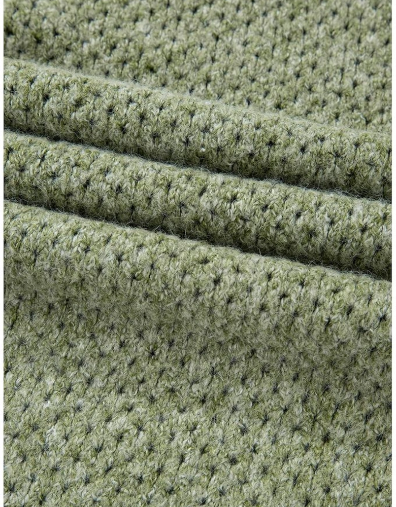 Jungle Green Loose Eyelet V Neck Drop Shoulder Sweater