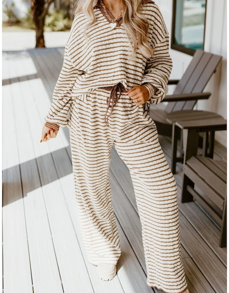 Khaki Stripe Collared Pullover Top and Drawstring Pant Set