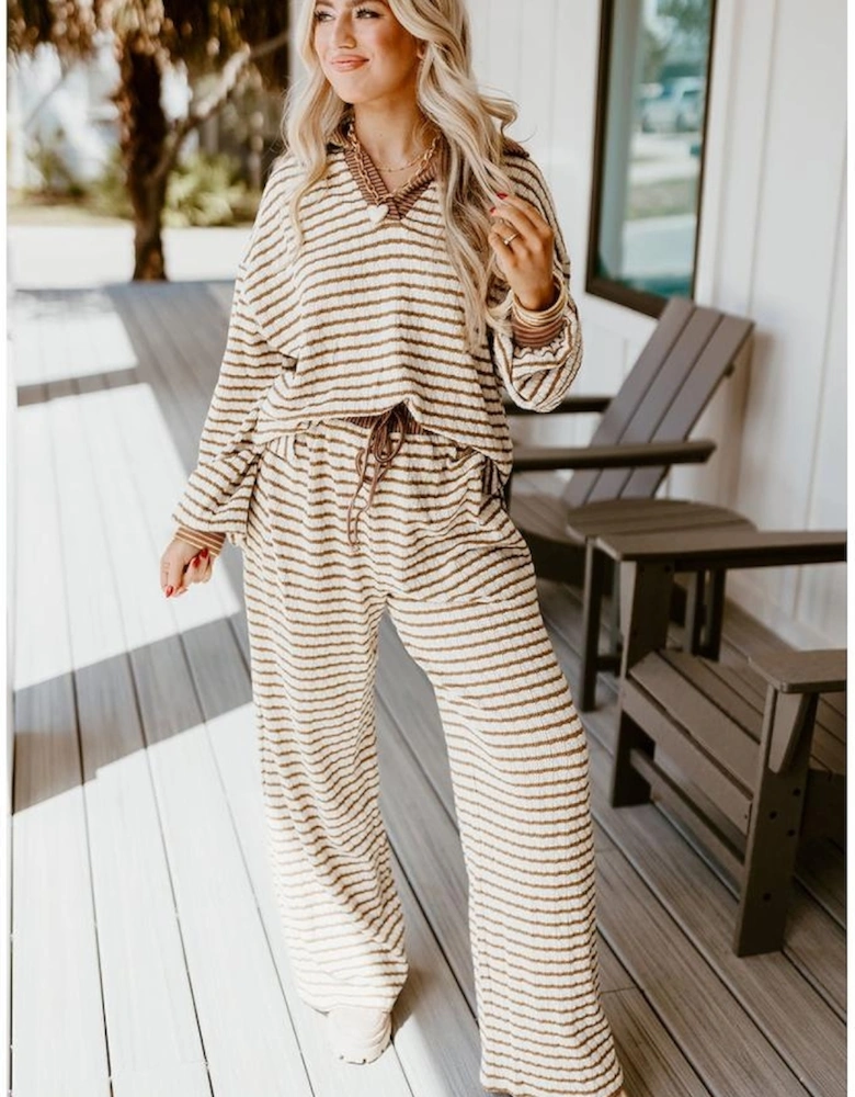 Khaki Stripe Collared Pullover Top and Drawstring Pant Set
