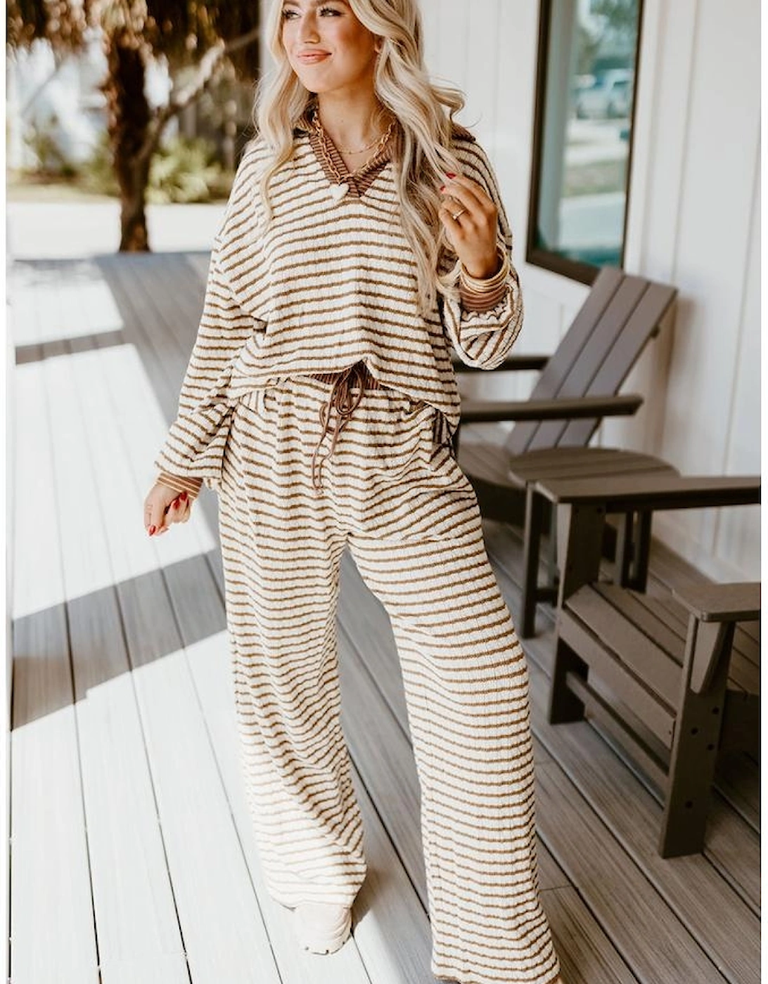 Khaki Stripe Collared Pullover Top and Drawstring Pant Set