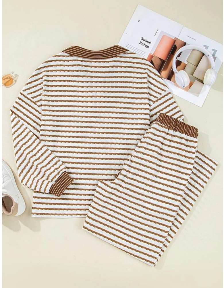 Khaki Stripe Collared Pullover Top and Drawstring Pant Set