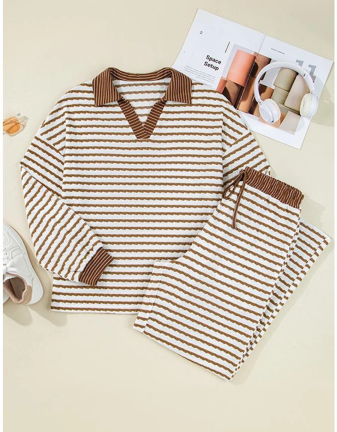 Khaki Stripe Collared Pullover Top and Drawstring Pant Set