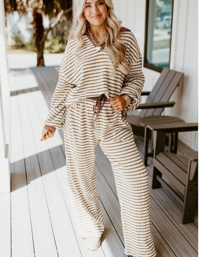 Khaki Stripe Collared Pullover Top and Drawstring Pant Set