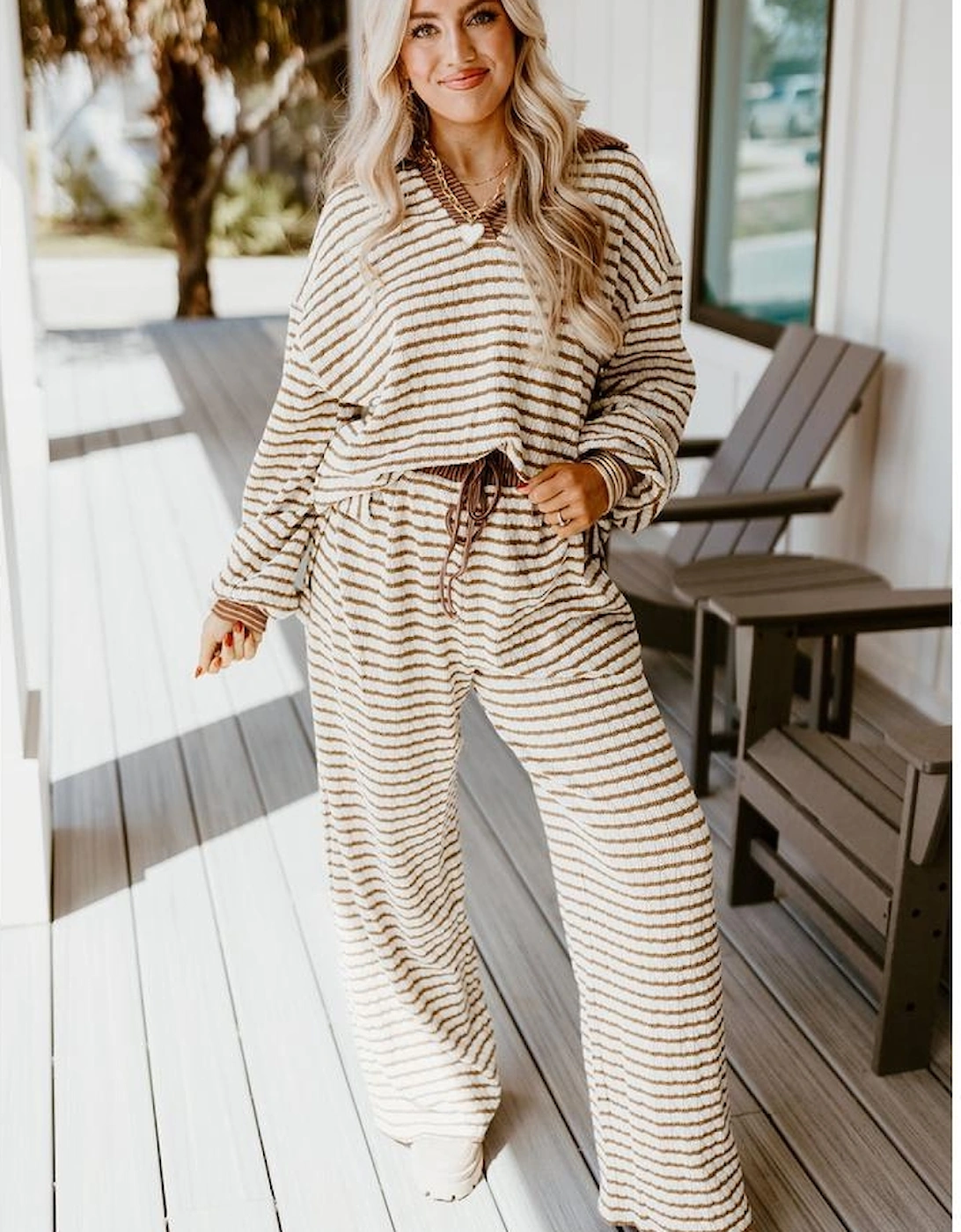 Khaki Stripe Collared Pullover Top and Drawstring Pant Set