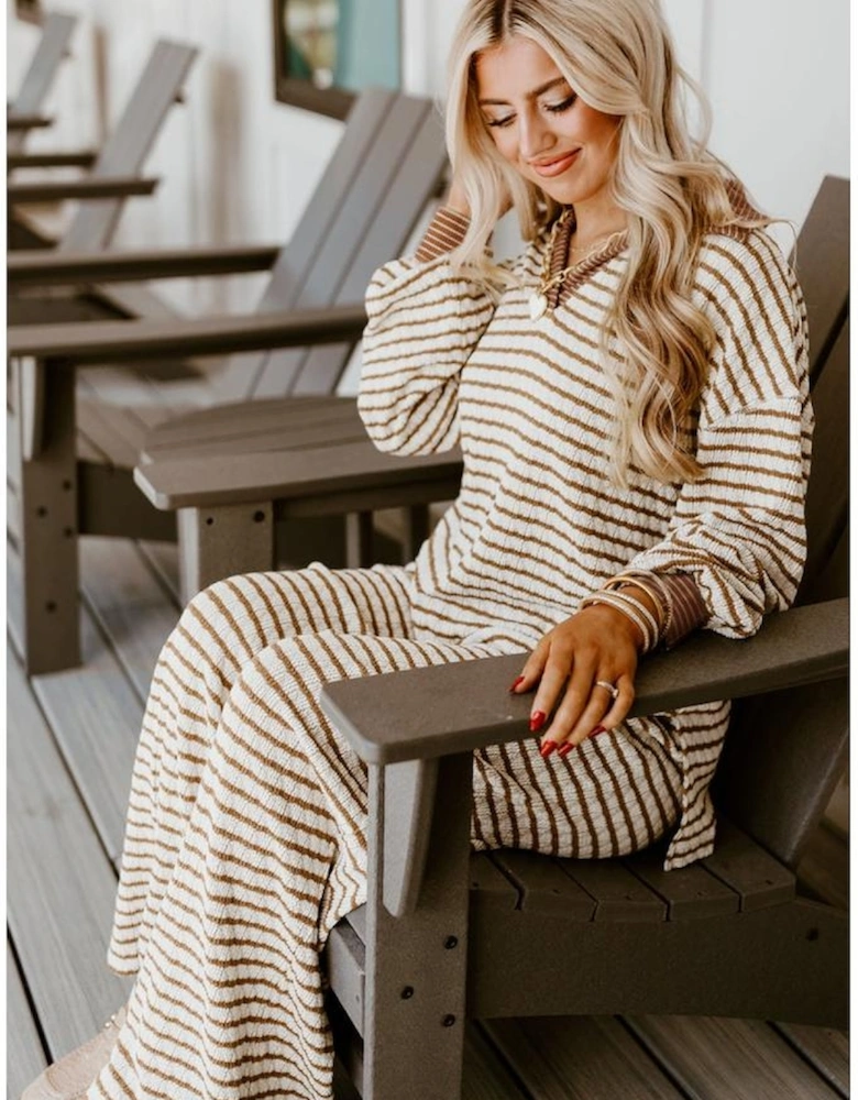 Khaki Stripe Collared Pullover Top and Drawstring Pant Set