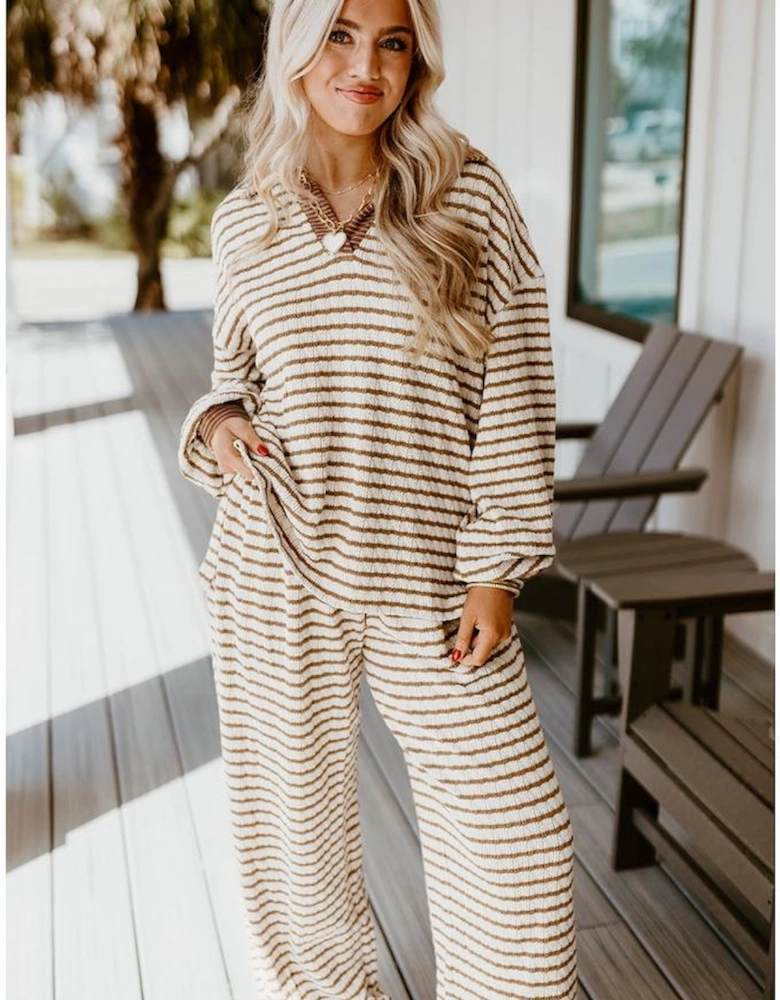 Khaki Stripe Collared Pullover Top and Drawstring Pant Set