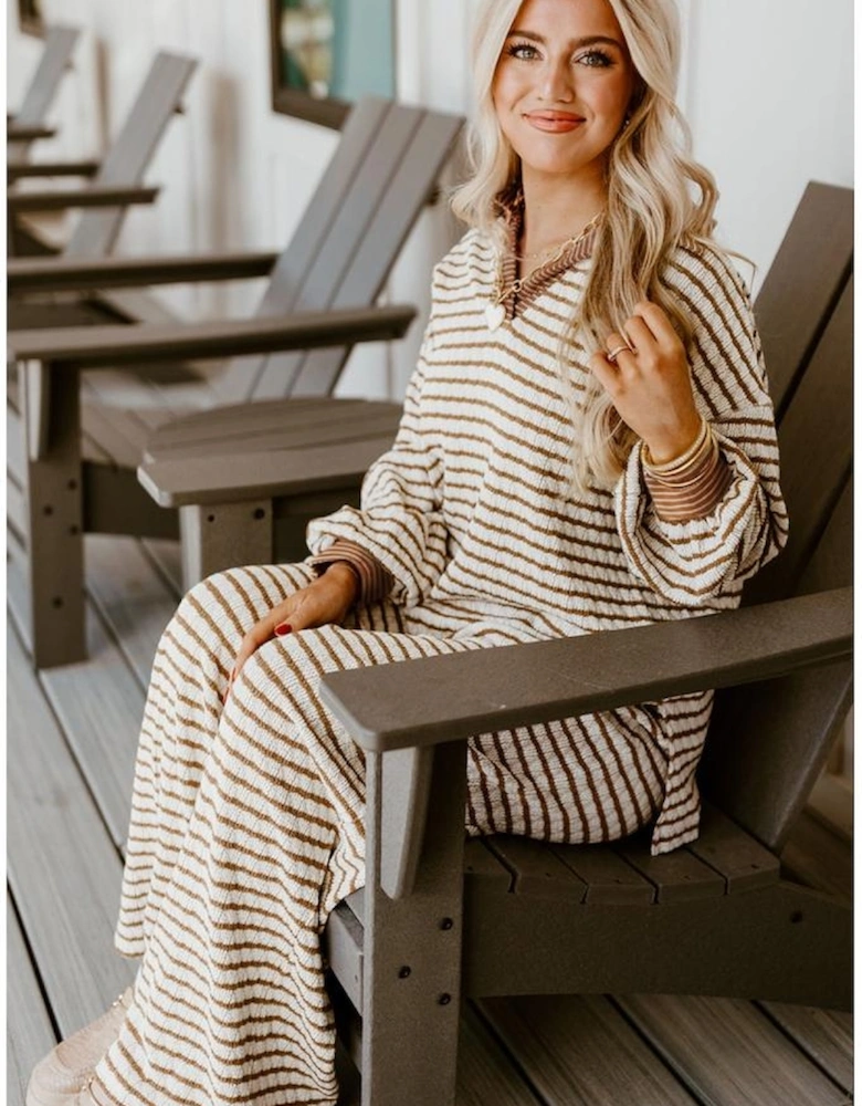 Khaki Stripe Collared Pullover Top and Drawstring Pant Set