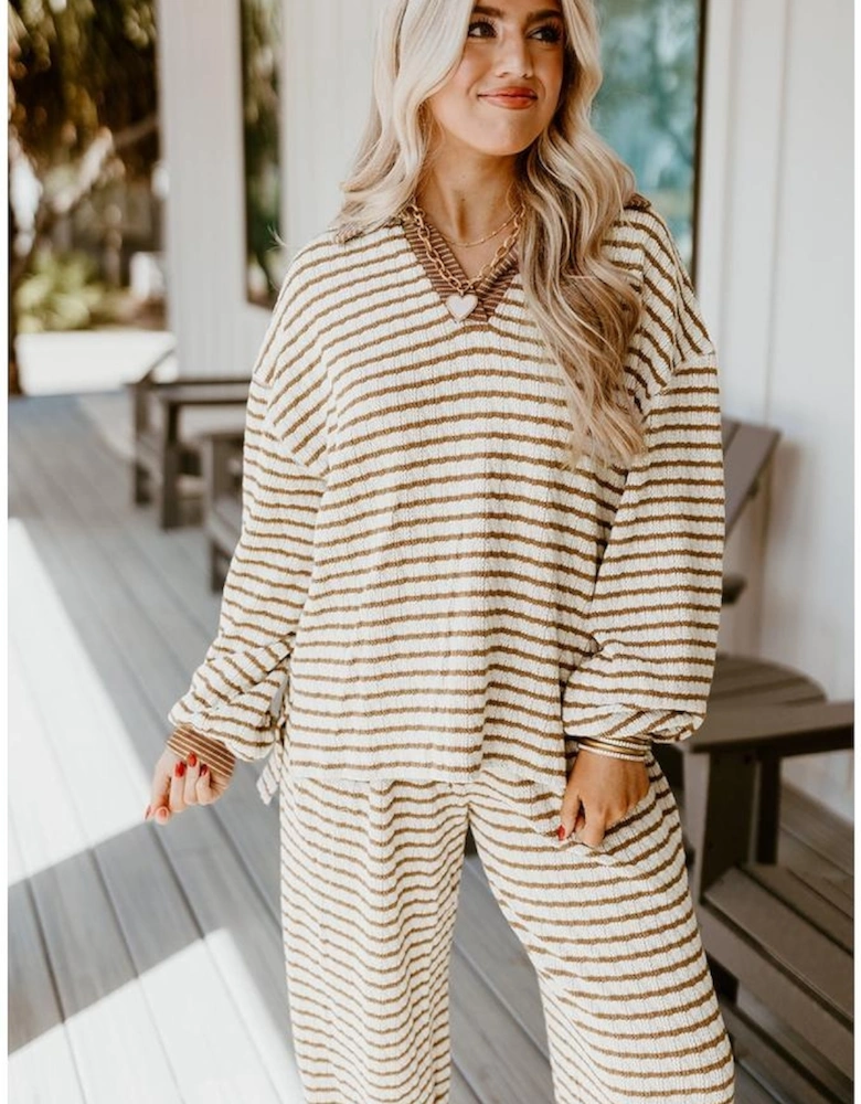 Khaki Stripe Collared Pullover Top and Drawstring Pant Set
