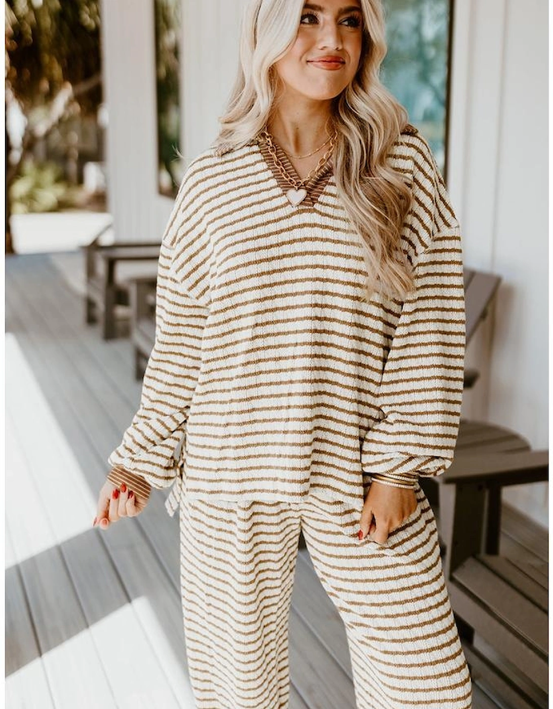 Khaki Stripe Collared Pullover Top and Drawstring Pant Set