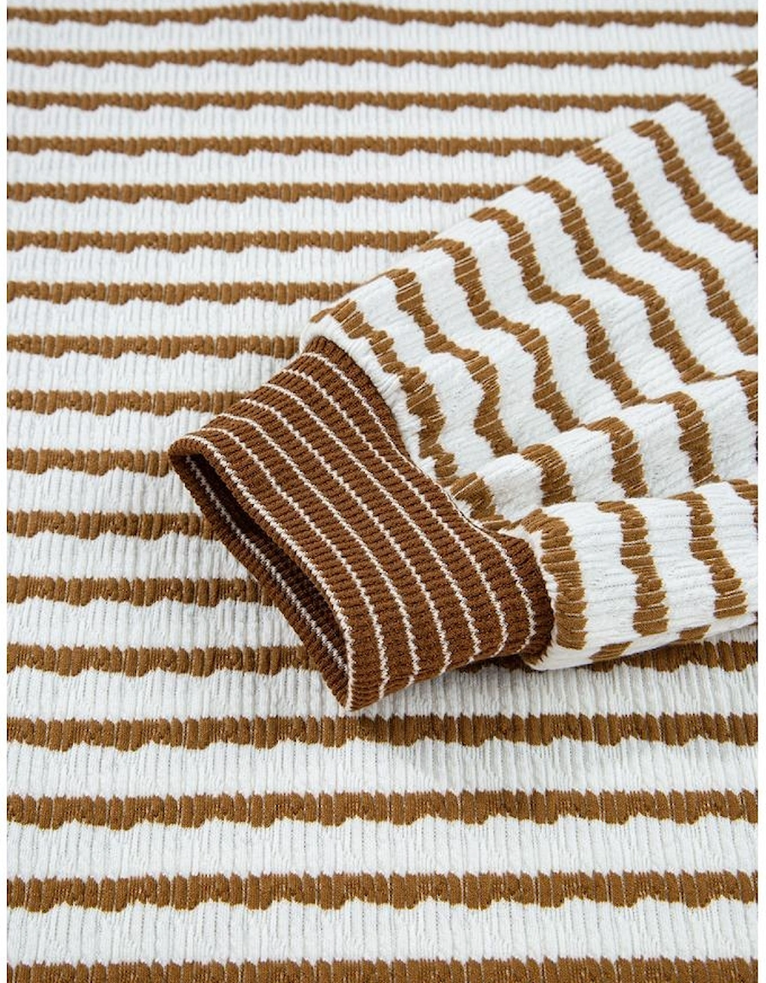 Khaki Stripe Collared Pullover Top and Drawstring Pant Set