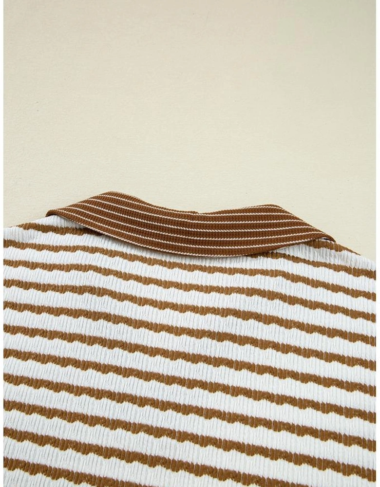 Khaki Stripe Collared Pullover Top and Drawstring Pant Set