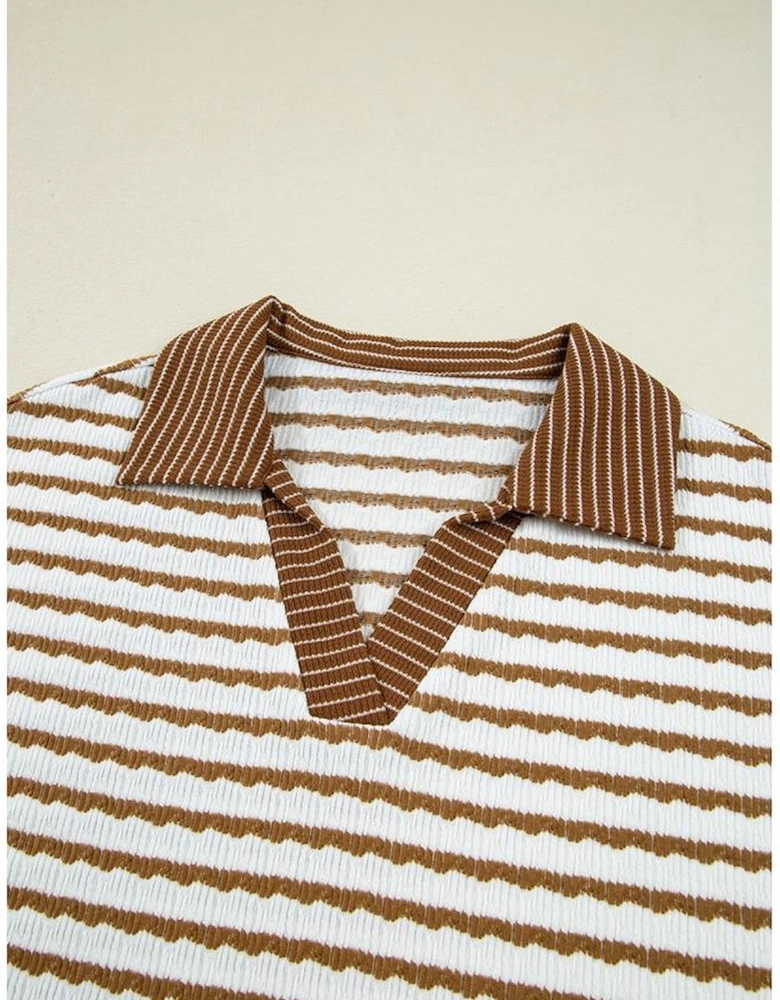 Khaki Stripe Collared Pullover Top and Drawstring Pant Set