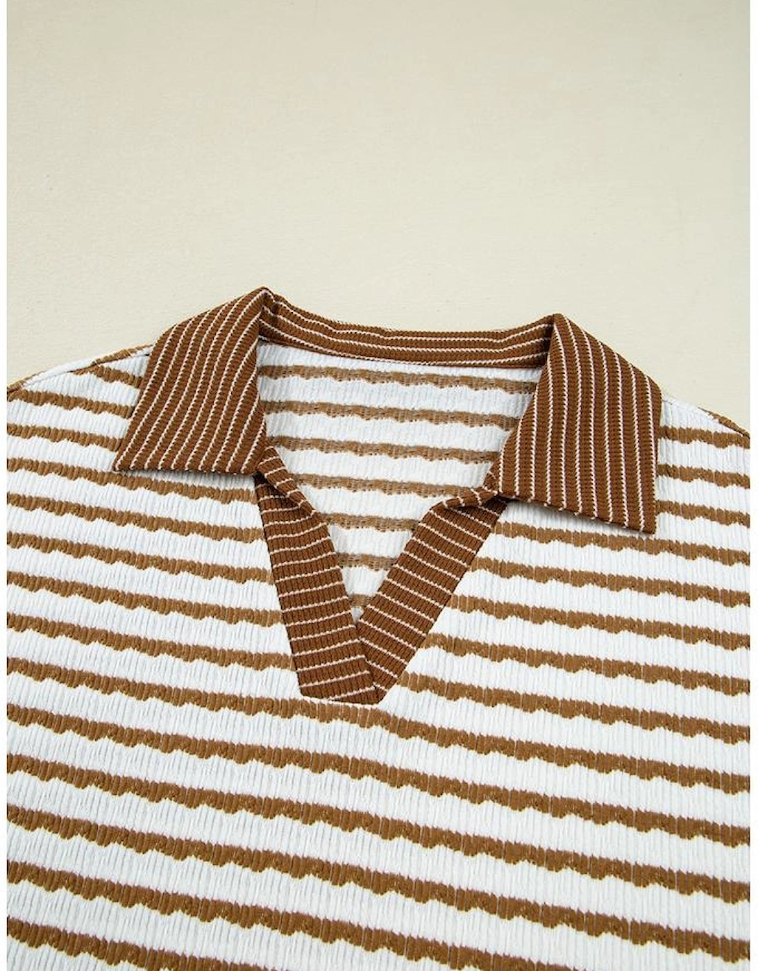 Khaki Stripe Collared Pullover Top and Drawstring Pant Set