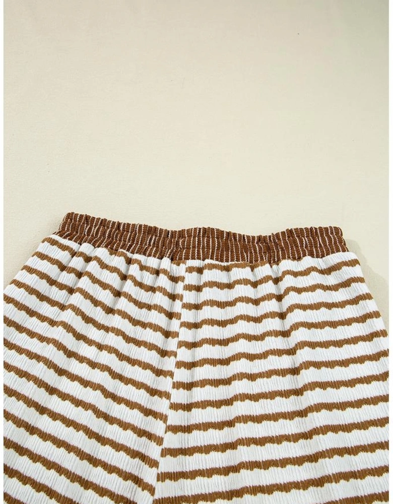 Khaki Stripe Collared Pullover Top and Drawstring Pant Set