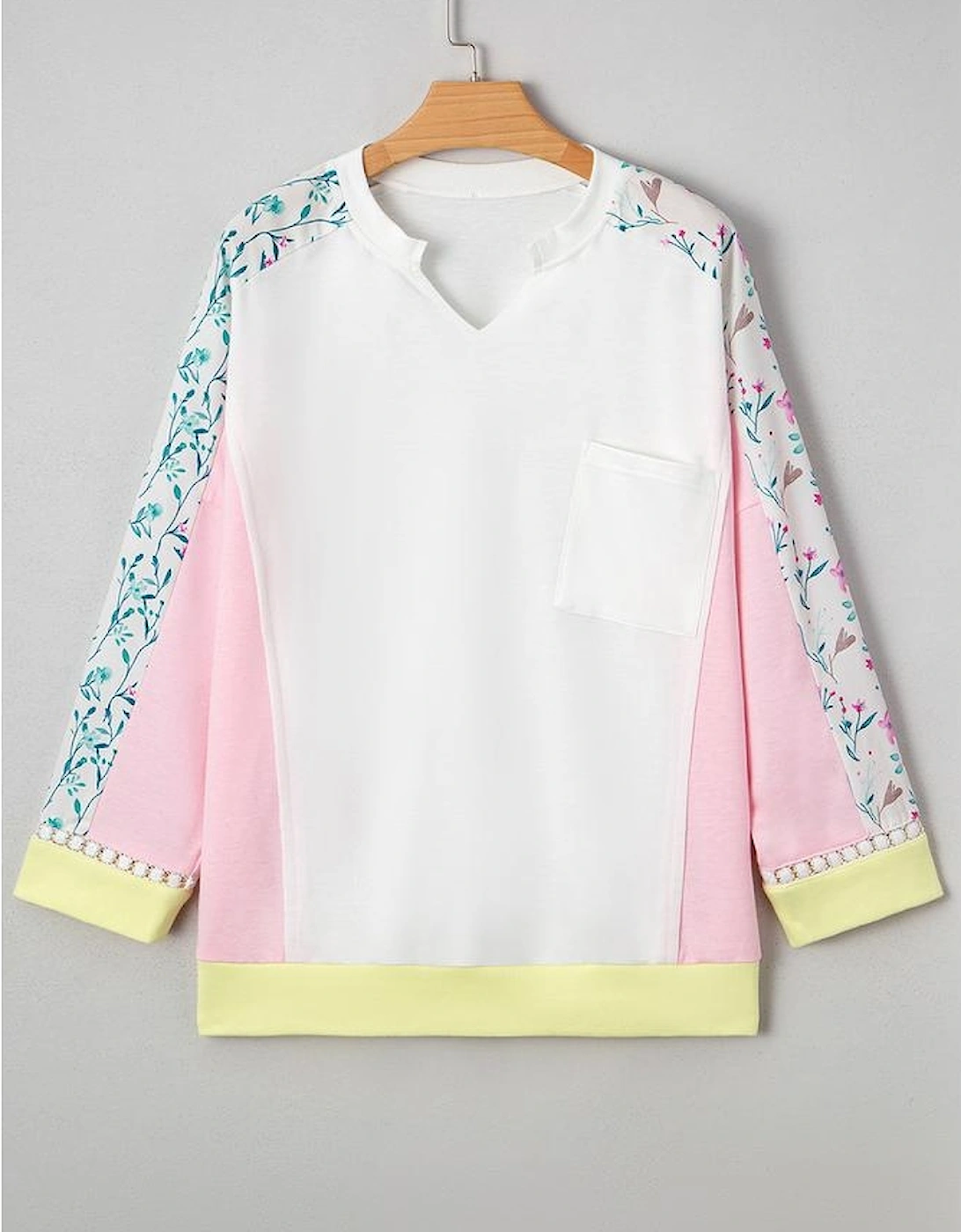 White Floral Colorblock Patchwork Chest Pocket Notched Neck Long Sleeve Top