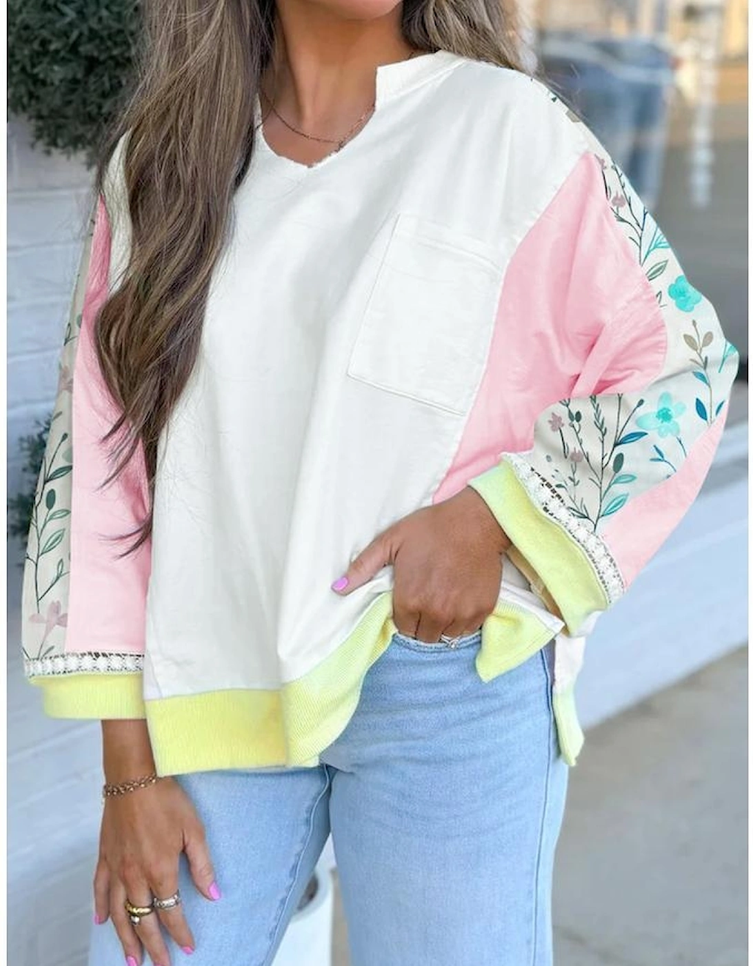 White Floral Colorblock Patchwork Chest Pocket Notched Neck Long Sleeve Top