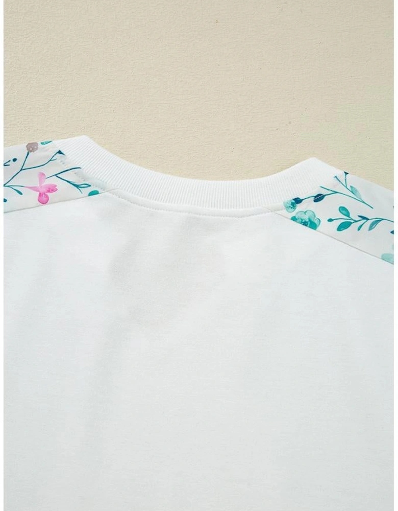 White Floral Colorblock Patchwork Chest Pocket Notched Neck Long Sleeve Top