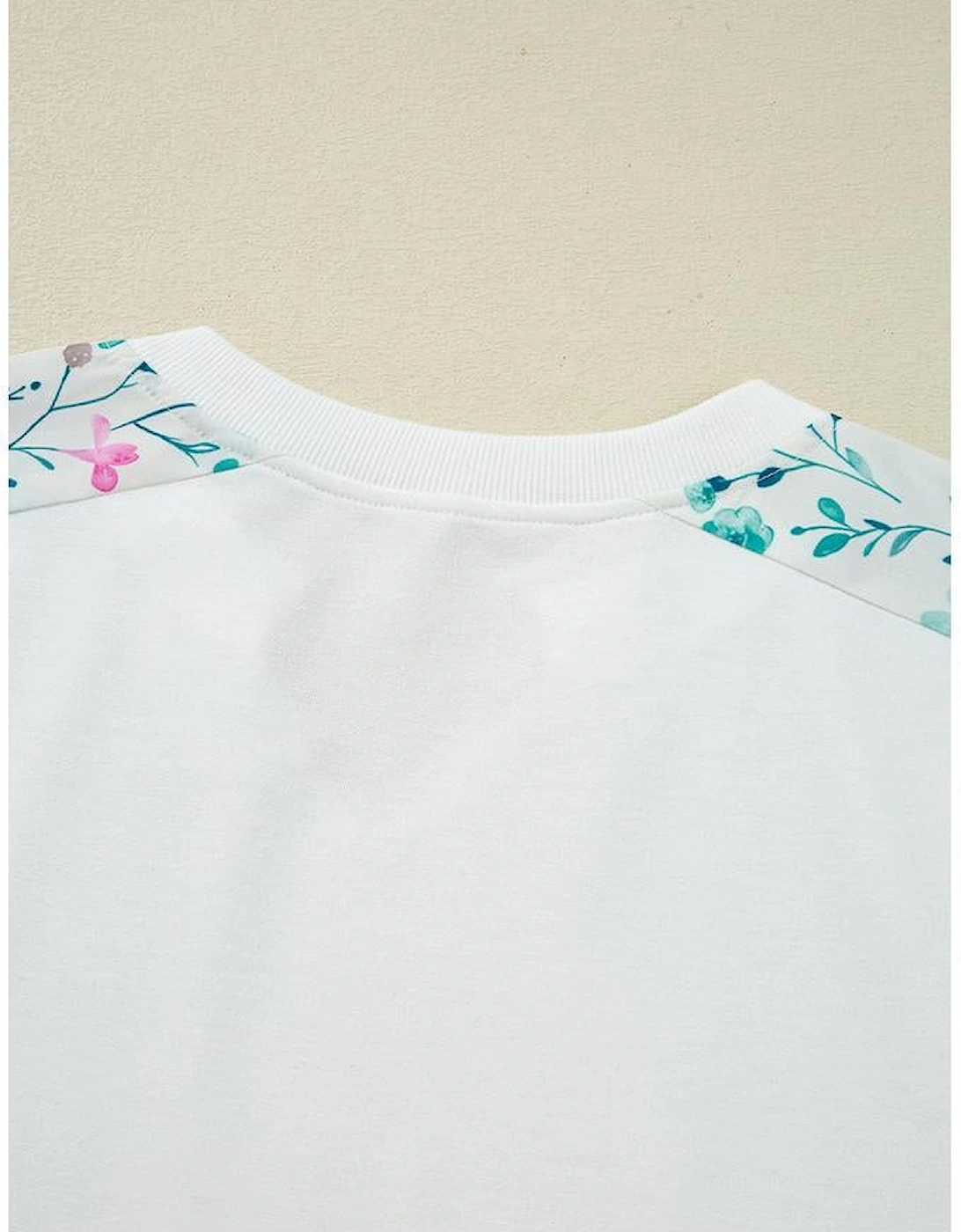 White Floral Colorblock Patchwork Chest Pocket Notched Neck Long Sleeve Top