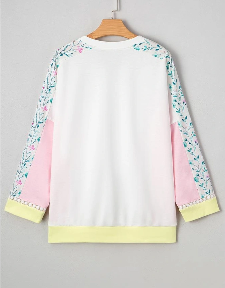 White Floral Colorblock Patchwork Chest Pocket Notched Neck Long Sleeve Top