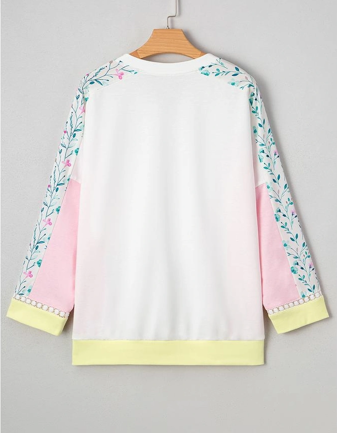 White Floral Colorblock Patchwork Chest Pocket Notched Neck Long Sleeve Top