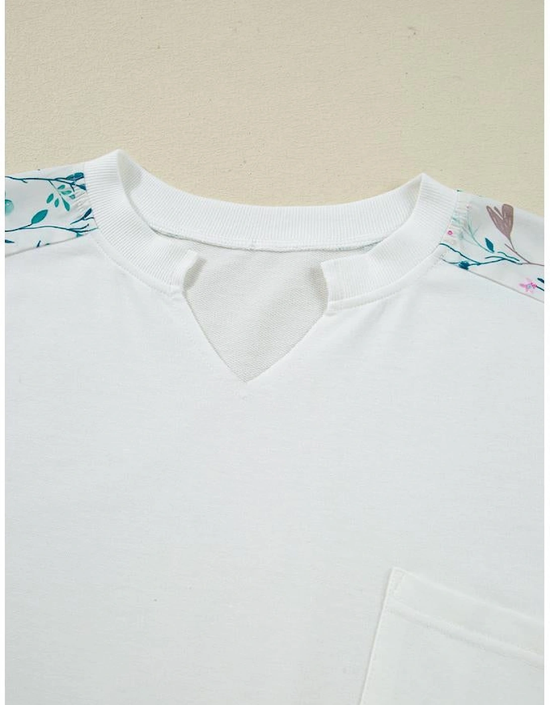 White Floral Colorblock Patchwork Chest Pocket Notched Neck Long Sleeve Top