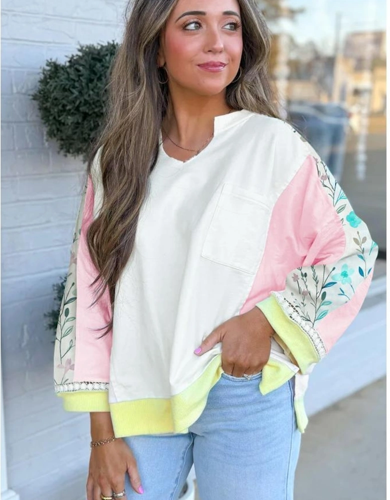 White Floral Colorblock Patchwork Chest Pocket Notched Neck Long Sleeve Top