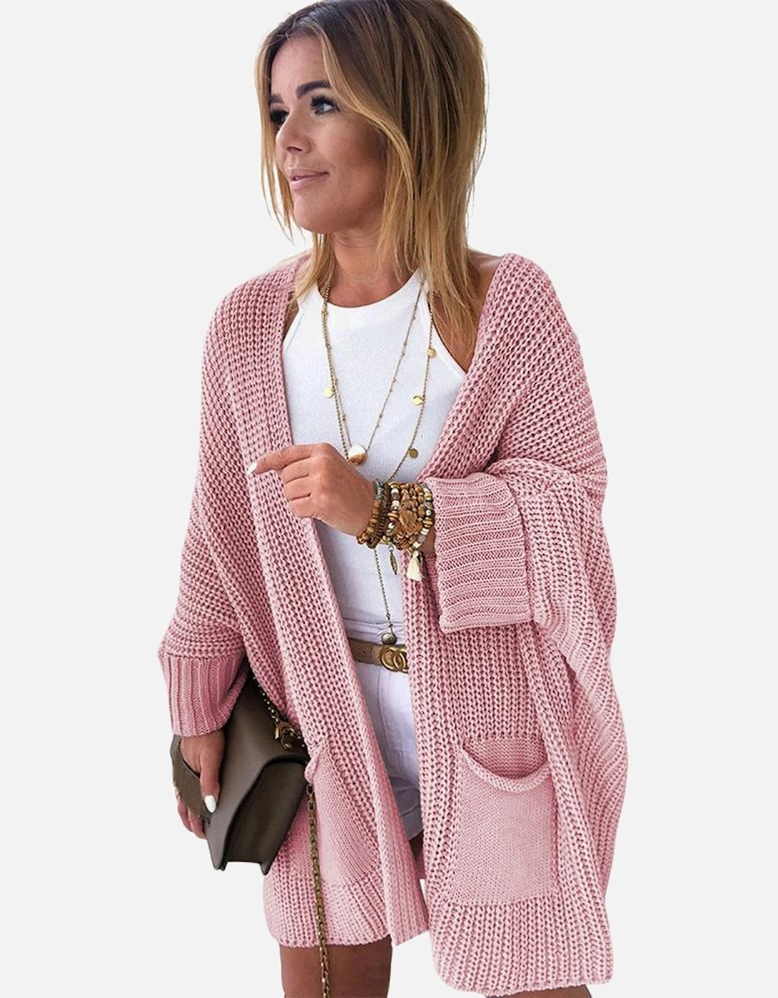Pink Oversized Fold Over Sleeve Sweater Cardigan