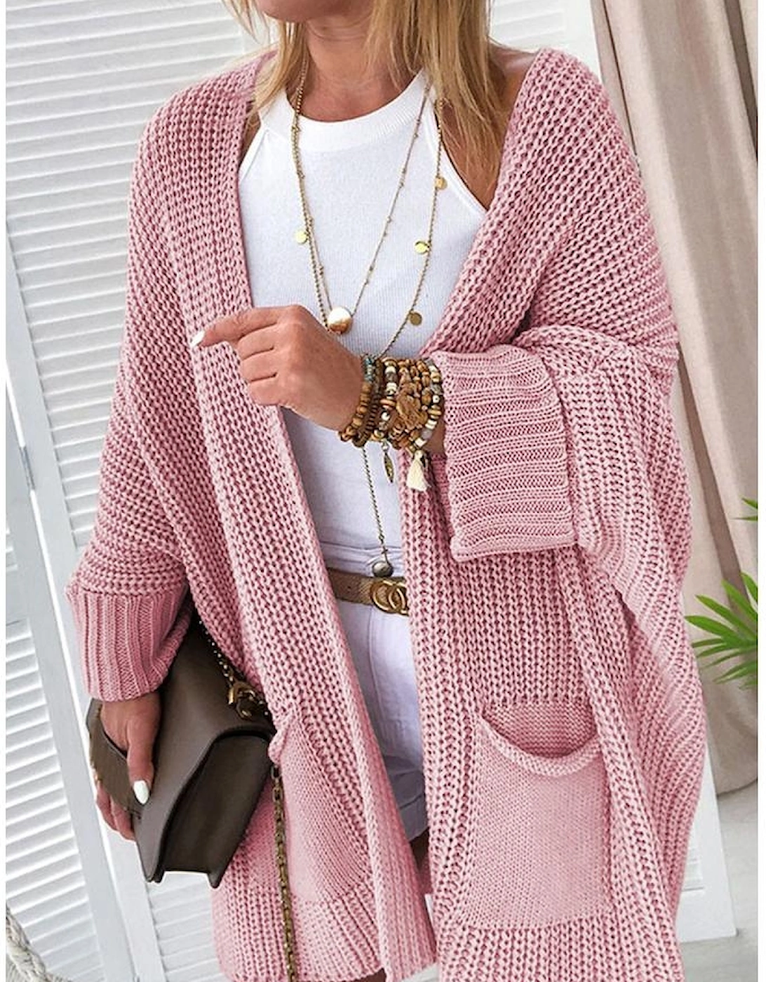 Pink Oversized Fold Over Sleeve Sweater Cardigan