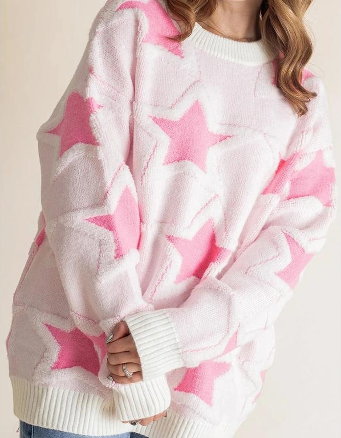 Sachet Pink Oversized Cute Star Pattern Ribbed Edge Drop Shoulder Sweater