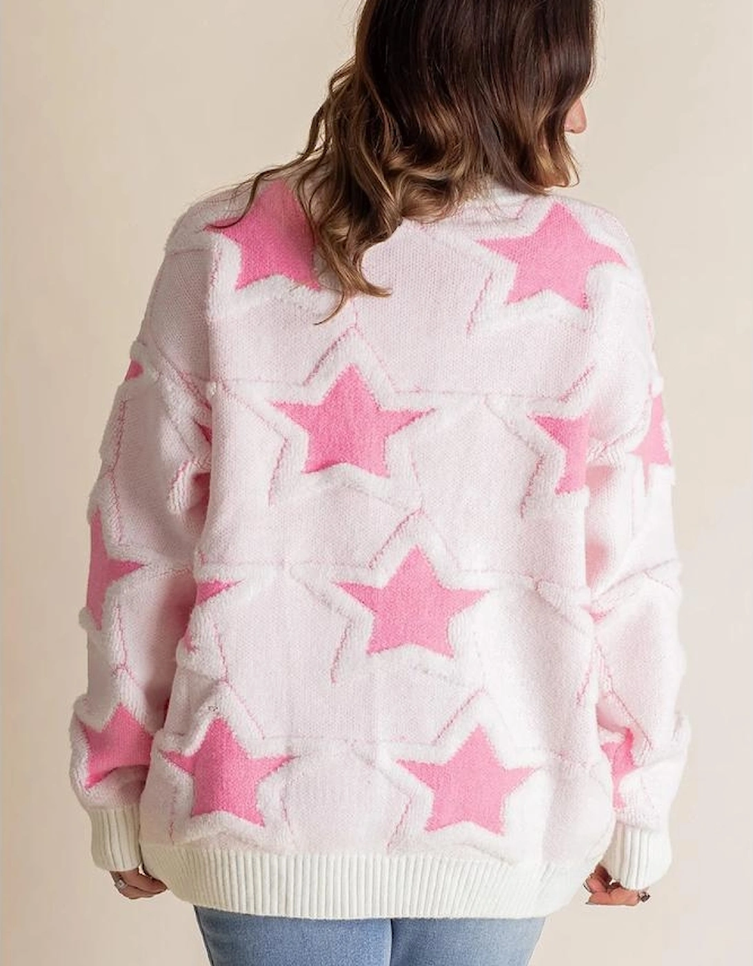 Sachet Pink Oversized Cute Star Pattern Ribbed Edge Drop Shoulder Sweater, 13 of 12