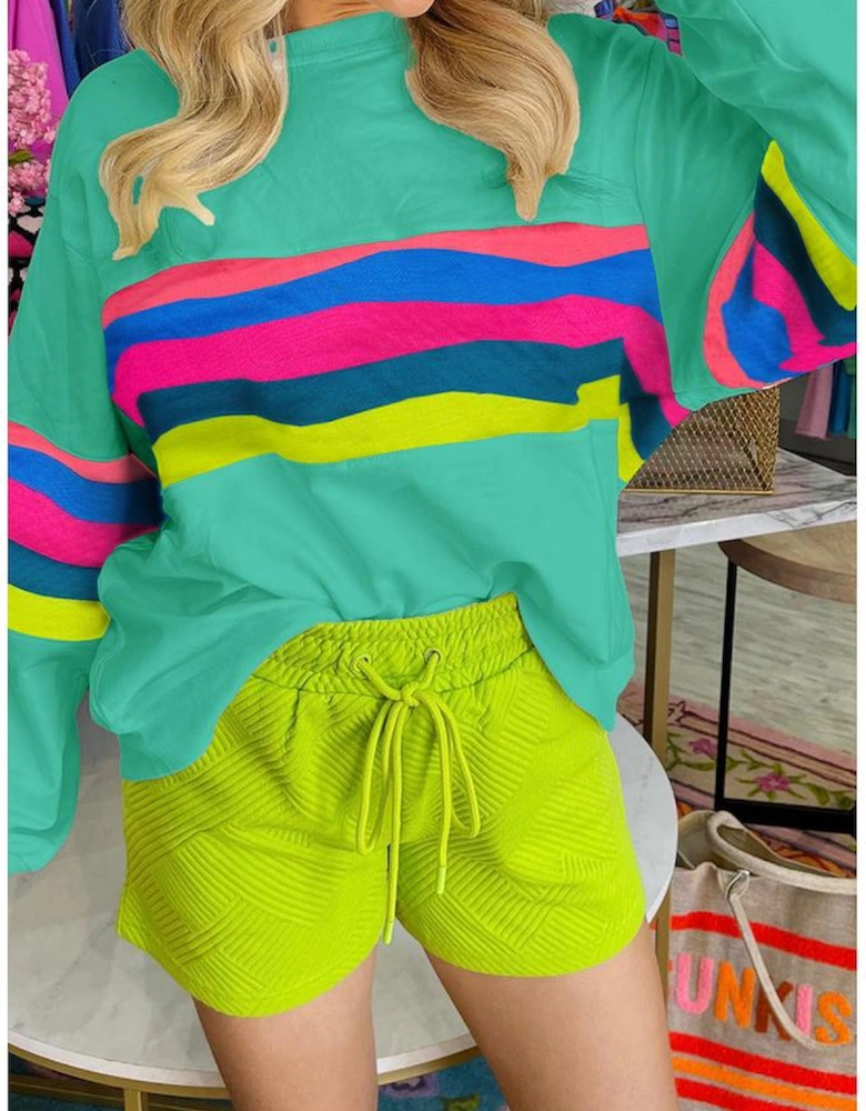 Green Colorful Striped Accent Long Sleeve T Shirt