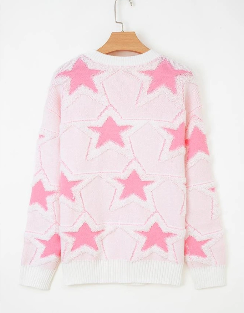 Sachet Pink Oversized Cute Star Pattern Ribbed Edge Drop Shoulder Sweater