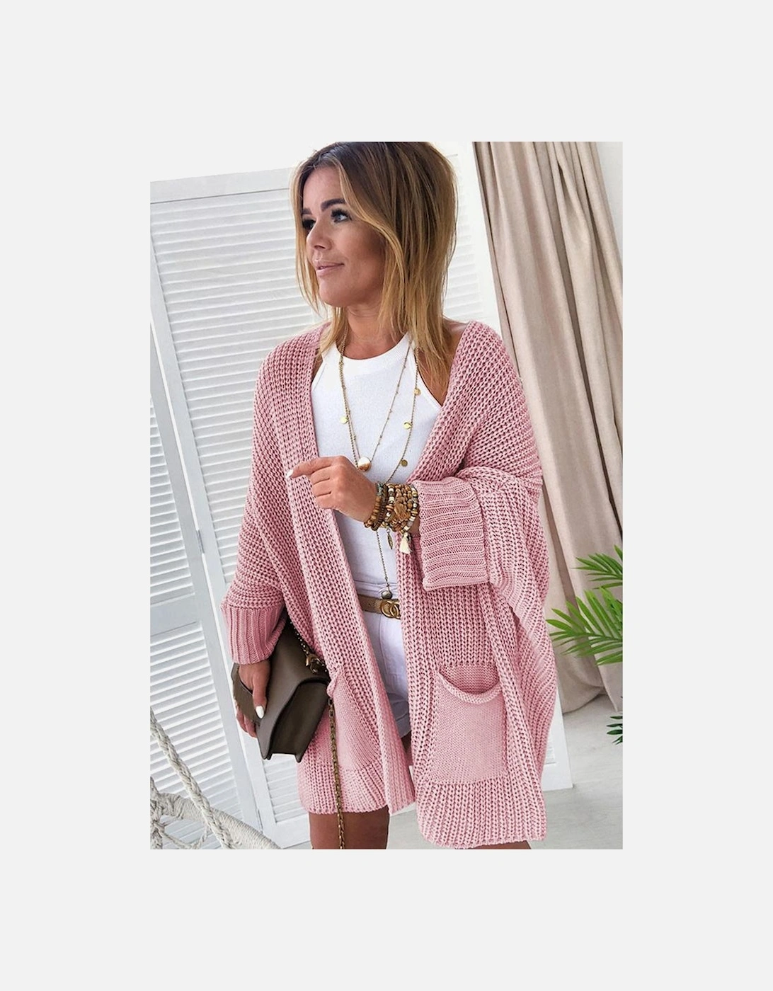 Pink Oversized Fold Over Sleeve Sweater Cardigan