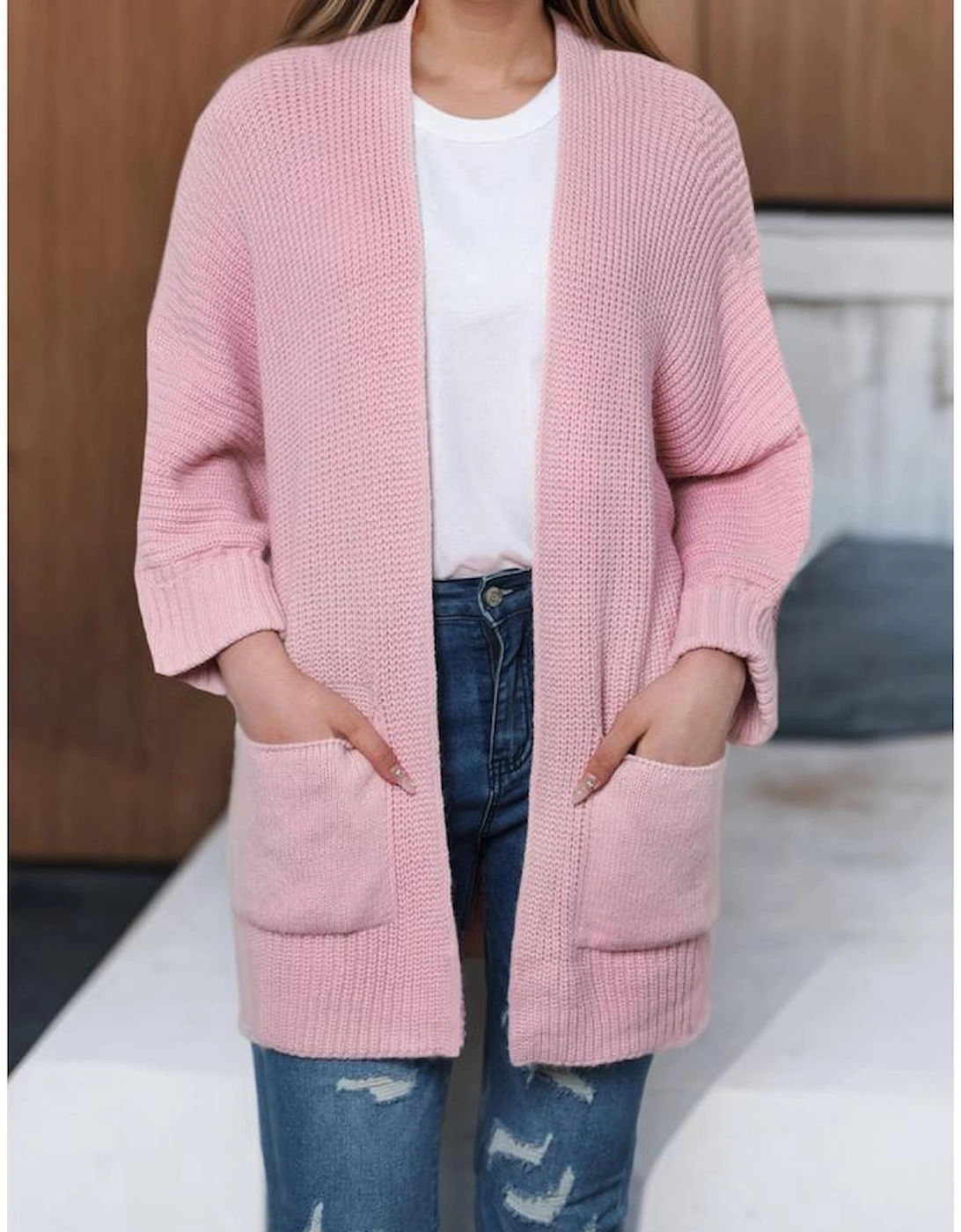Pink Oversized Fold Over Sleeve Sweater Cardigan