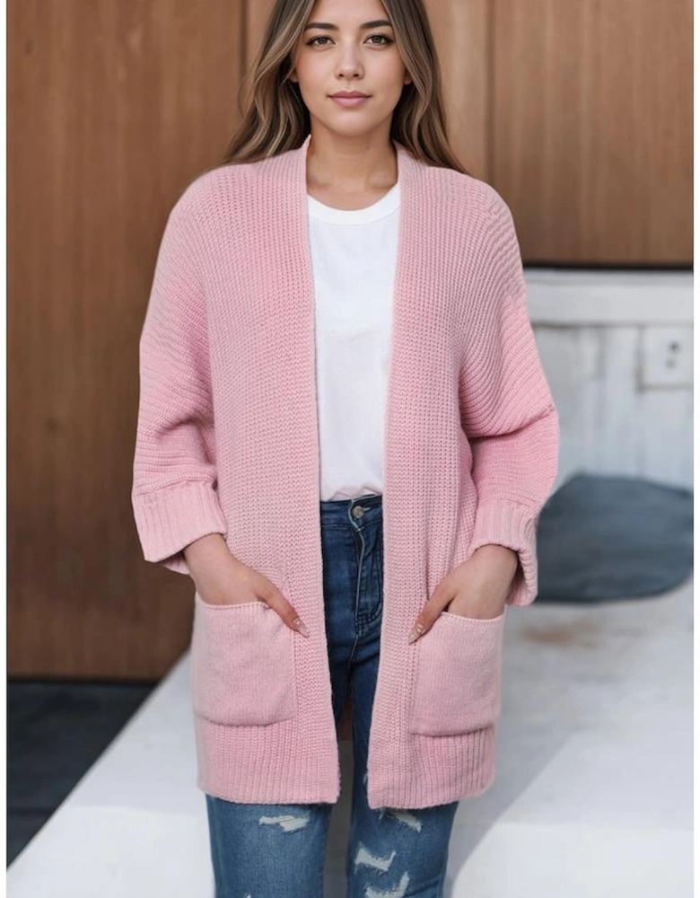 Pink Oversized Fold Over Sleeve Sweater Cardigan