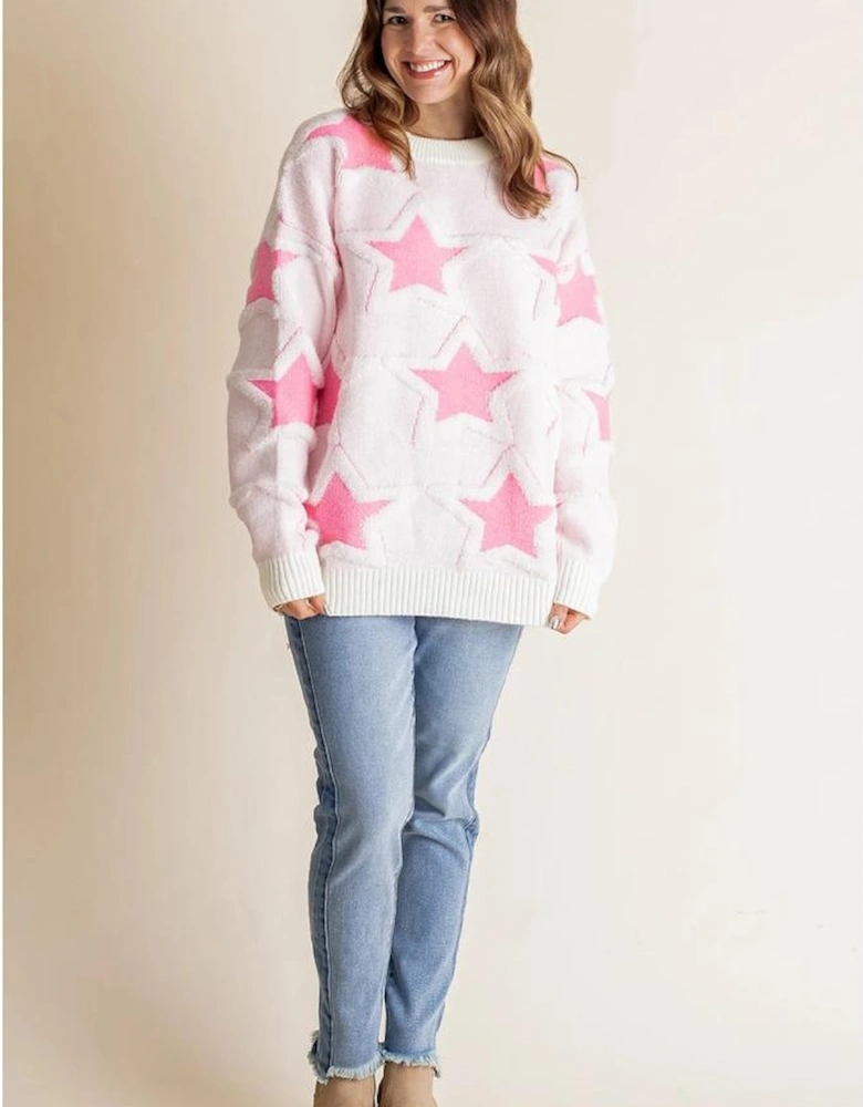 Sachet Pink Oversized Cute Star Pattern Ribbed Edge Drop Shoulder Sweater