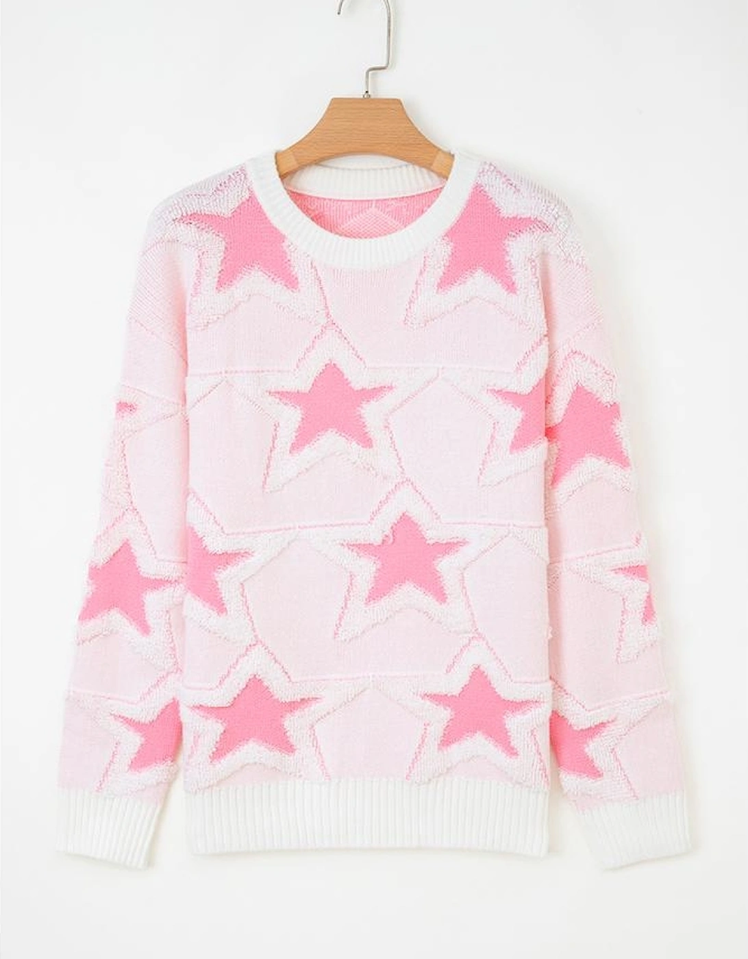 Sachet Pink Oversized Cute Star Pattern Ribbed Edge Drop Shoulder Sweater
