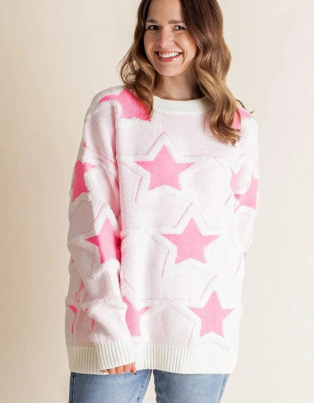 Sachet Pink Oversized Cute Star Pattern Ribbed Edge Drop Shoulder Sweater