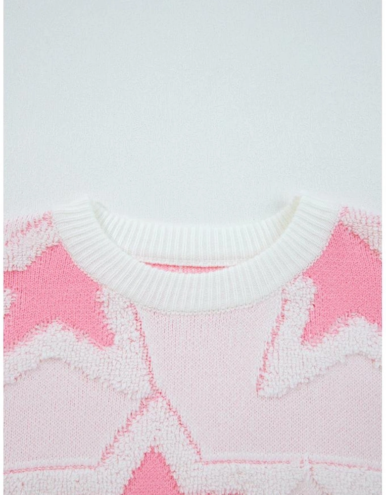 Sachet Pink Oversized Cute Star Pattern Ribbed Edge Drop Shoulder Sweater