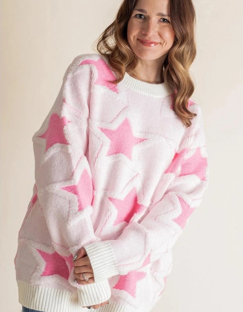 Sachet Pink Oversized Cute Star Pattern Ribbed Edge Drop Shoulder Sweater