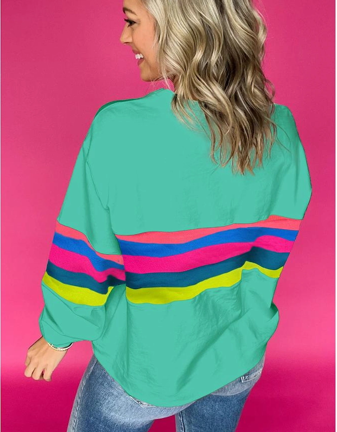 Green Colorful Striped Accent Long Sleeve T Shirt