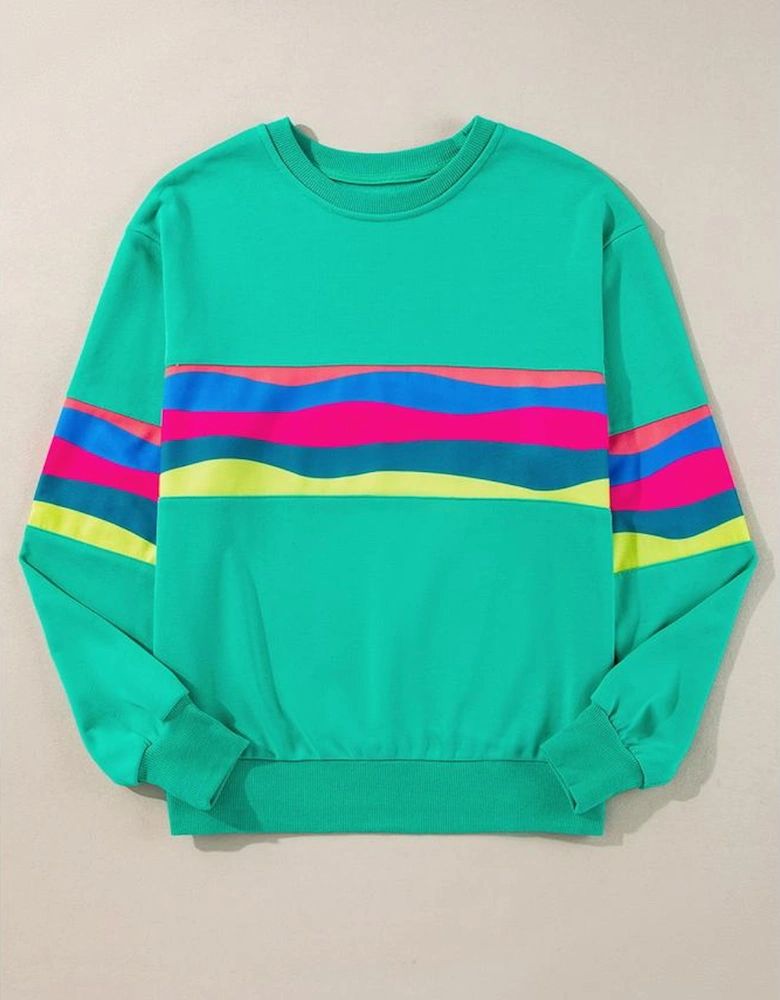Green Colorful Striped Accent Long Sleeve T Shirt