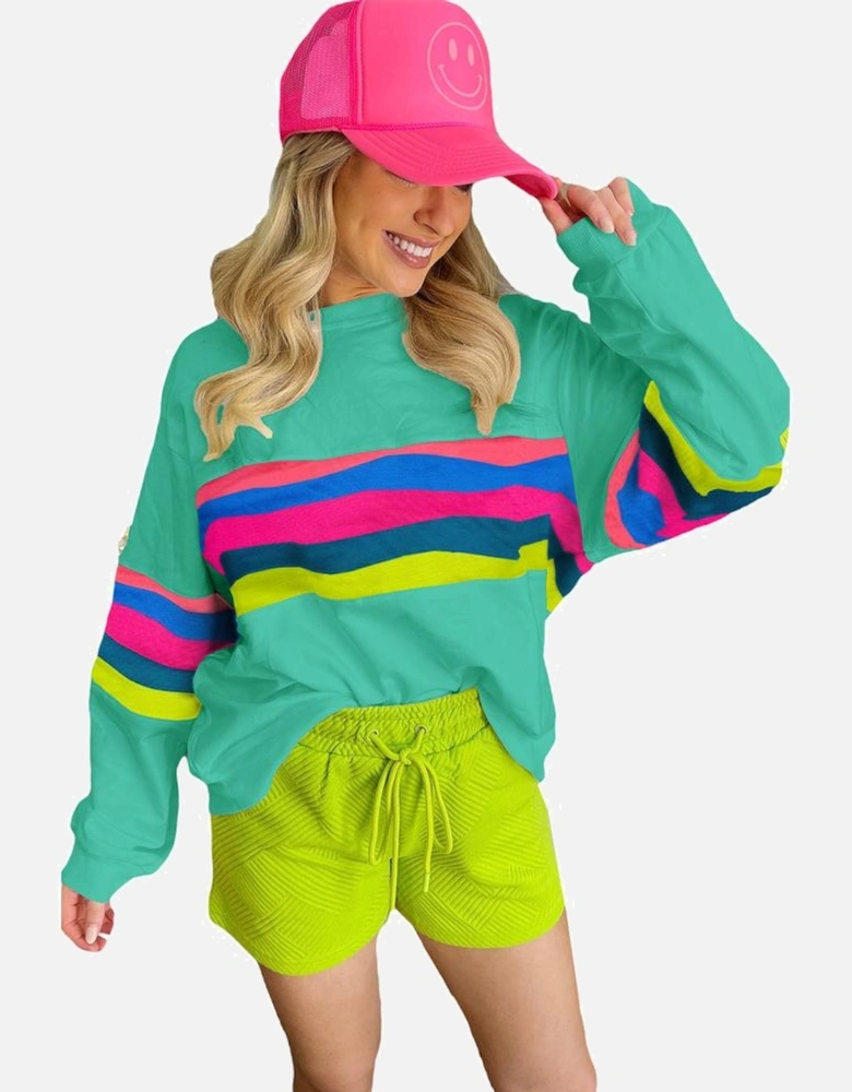 Green Colorful Striped Accent Long Sleeve T Shirt