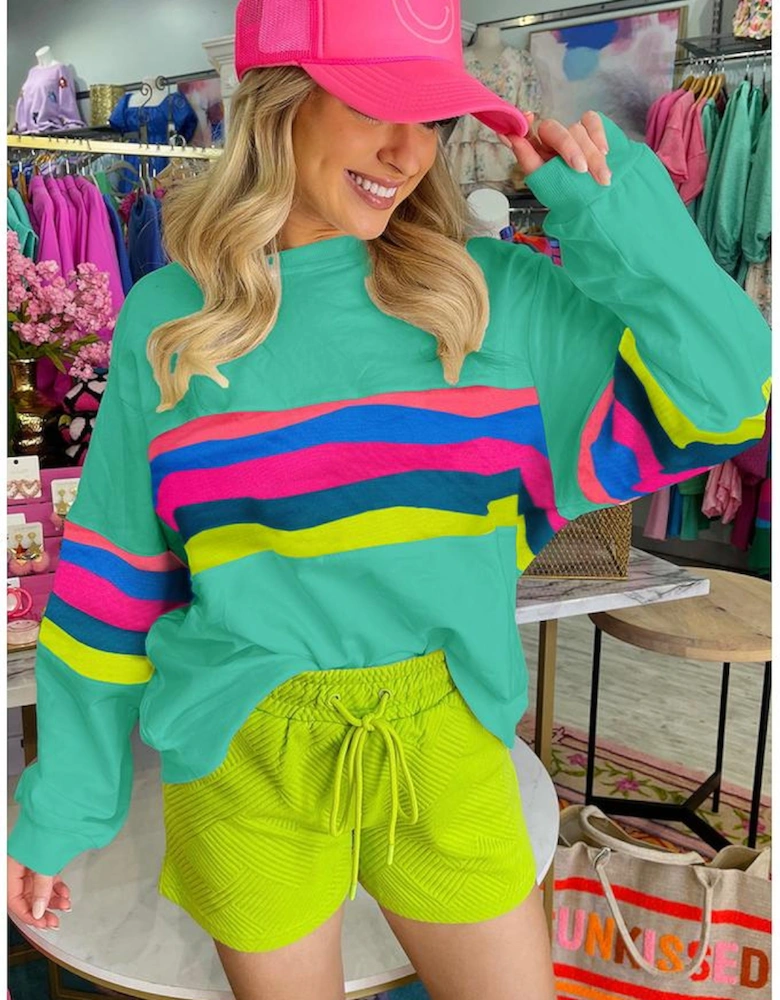 Green Colorful Striped Accent Long Sleeve T Shirt