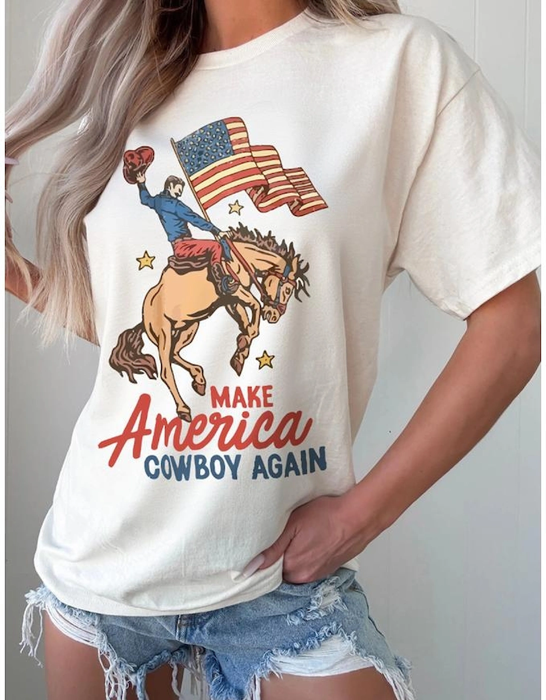 White MAKE AMERICAN COWBOY AGAIN Graphic Crewneck Tee