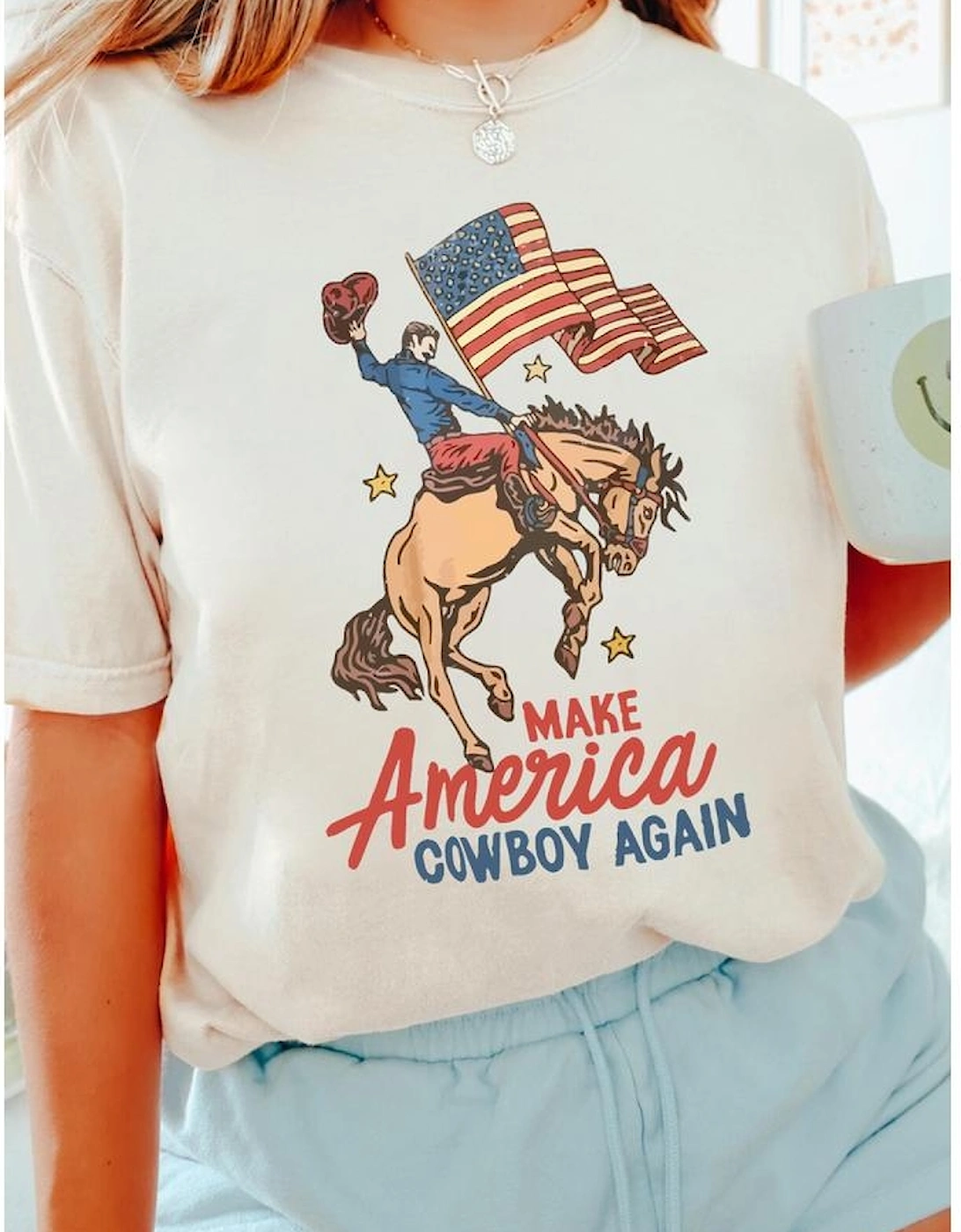 White MAKE AMERICAN COWBOY AGAIN Graphic Crewneck Tee