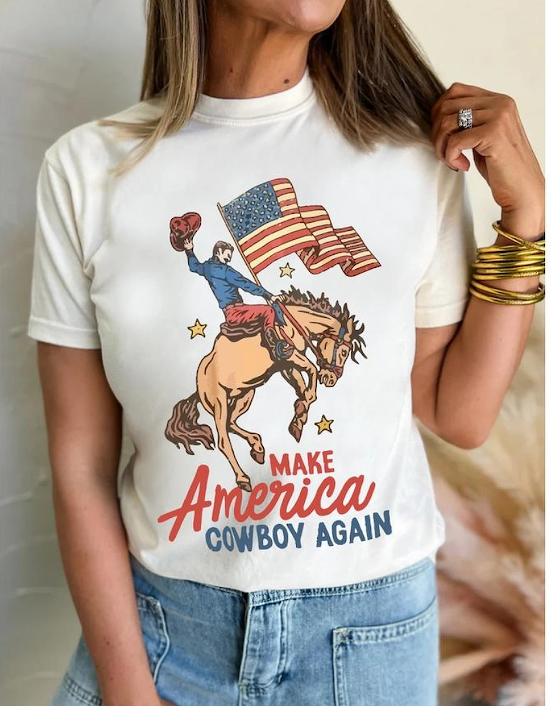 White MAKE AMERICAN COWBOY AGAIN Graphic Crewneck Tee