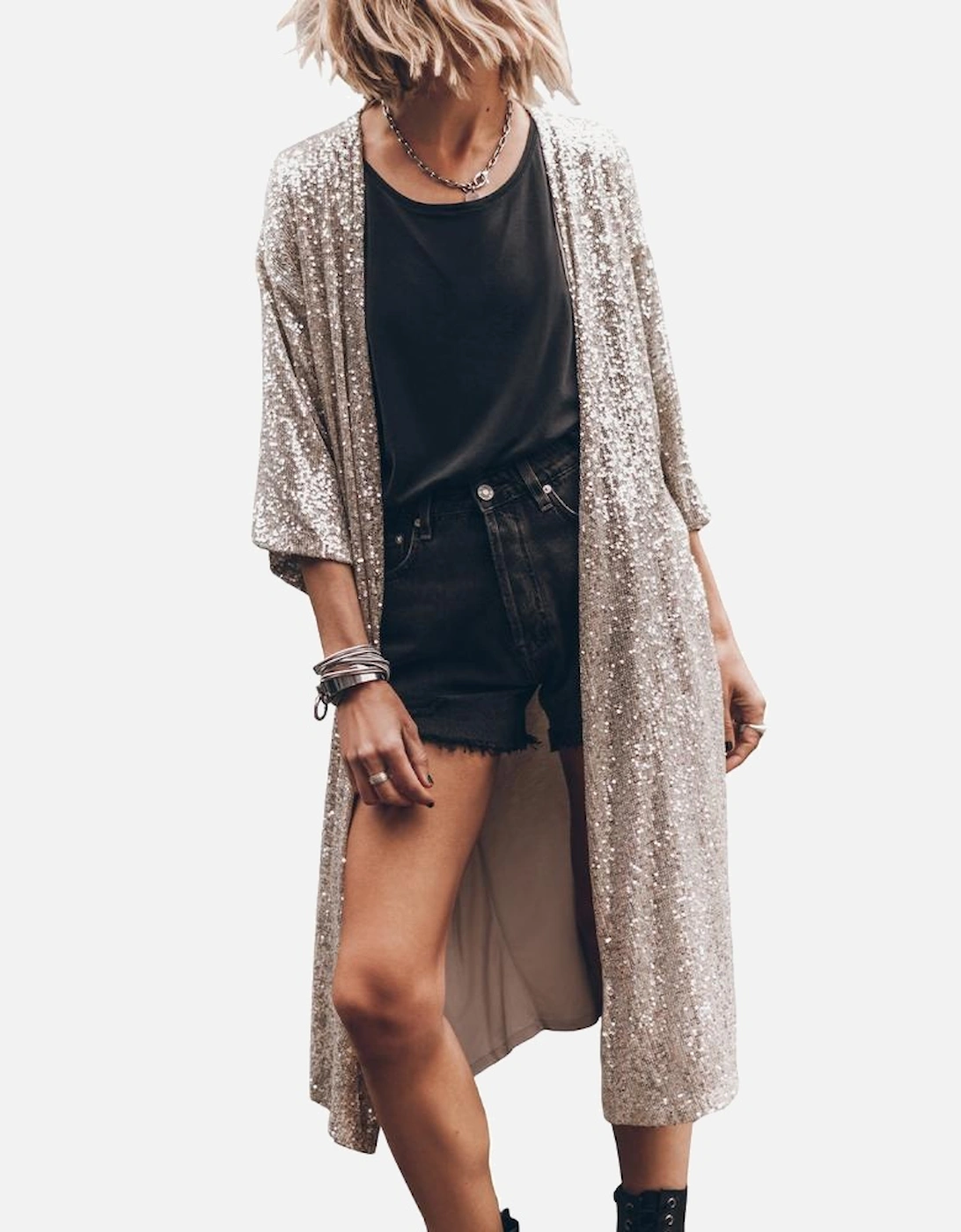 Apricot Sequin 3/4 Sleeve Open Front Duster Kimono