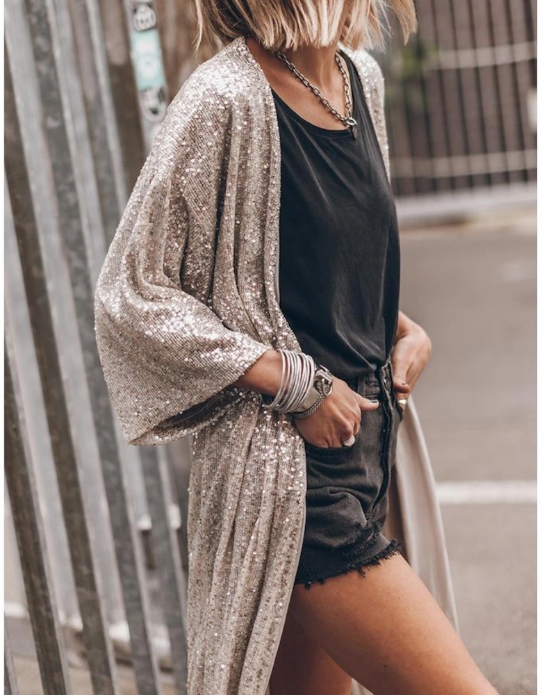 Apricot Sequin 3/4 Sleeve Open Front Duster Kimono